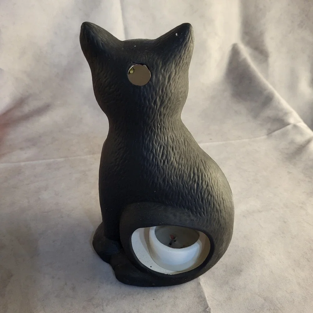 Vintage Halloween Black Cat Pumpkin Votive Tealight Holder Glowing Eyes
